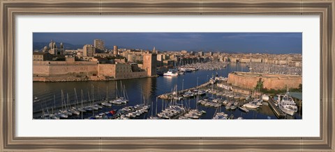 Framed High angle view of boats docked at a port, Old Port, Marseille, Bouches-Du-Rhone, Provence-Alpes-Cote Daze, France Print