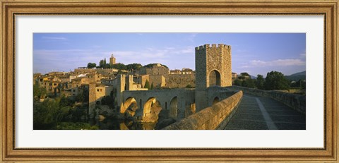 Framed Footbridge across a river in front of a city, Besalu, Catalonia, Spain Print