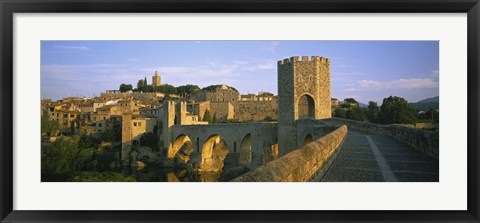 Framed Footbridge across a river in front of a city, Besalu, Catalonia, Spain Print