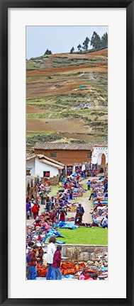 Framed Group of people in a market, Chinchero Market, Andes Mountains, Urubamba Valley, Cuzco, Peru Print