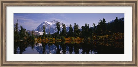 Framed Reflection of trees and mountains in a lake, Mount Shuksan, North Cascades National Park, Washington State Print