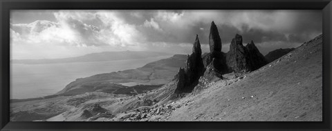 Framed Rock formations on hill in black and white, Isle of Skye, Scotland Print