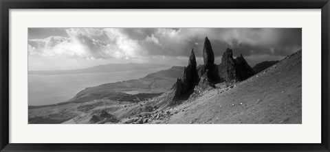 Framed Rock formations on hill in black and white, Isle of Skye, Scotland Print