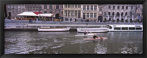 Framed High angle view of two people kayaking in the river, Leie River, Graslei, Ghent, Belgium Print