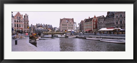 Framed Tour boats docked at a harbor, Leie River, Graslei, Ghent, Belgium Print