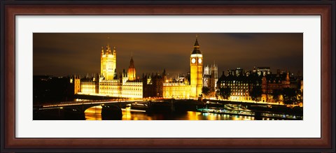 Framed Buildings lit up at night, Westminster Bridge, Big Ben, Houses Of Parliament, Westminster, London, England Print