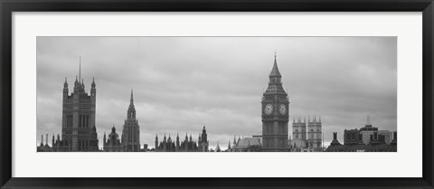 Framed Buildings in a city, Big Ben, Houses Of Parliament, Westminster, London, England (black and white) Print