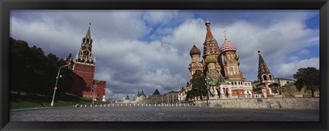 Framed Low angle view of a cathedral, St. Basil&#39;s Cathedral, Spasskaya Tower, Kremlin, Moscow, Russia Print