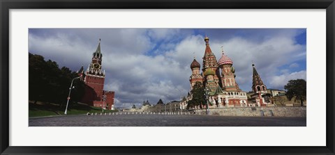 Framed Low angle view of a cathedral, St. Basil&#39;s Cathedral, Spasskaya Tower, Kremlin, Moscow, Russia Print