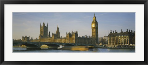 Framed Barge in a river, Thames River, Big Ben, City Of Westminster, London, England Print