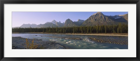 Framed Trees along a river with a mountain range in the background, Athabasca River, Jasper National Park, Alberta, Canada Print