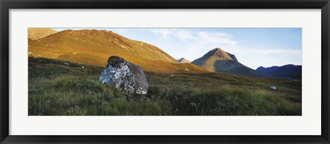 Framed Lichen covered rock in a field, Glen Sligachan, Cuillins, Isle Of Skye, Scotland Print