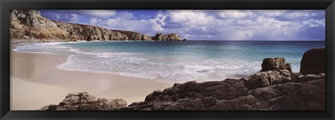 Framed Cliffs at seaside, Logan Rock, Porthcurno Bay, Cornwall, England Print