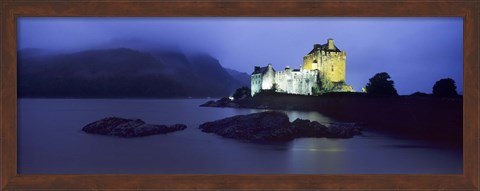 Framed Castle lit up at dusk, Eilean Donan Castle, Loch Duich, Dornie, Highlands Region, Scotland Print