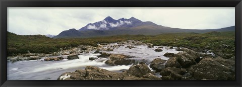 Framed River Sligachan, distant mountain in mist, Glen Sligachan, Isle of Skye, Scotland. Print