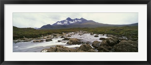 Framed River Sligachan, distant mountain in mist, Glen Sligachan, Isle of Skye, Scotland. Print