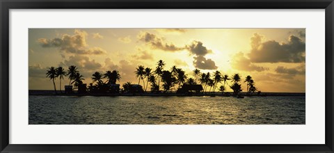 Framed Silhouette of palm trees on an island at sunset, Laughing Bird Caye, Victoria Channel, Belize Print