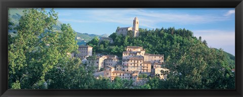 Framed Buildings surrounded by trees, Montefortino, Province of Ascoli Piceno, Marches, Italy Print