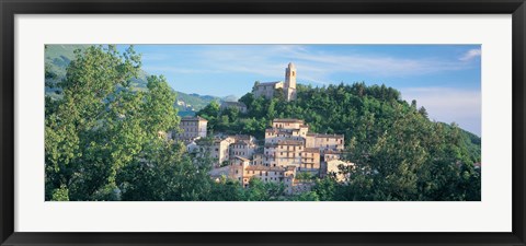 Framed Buildings surrounded by trees, Montefortino, Province of Ascoli Piceno, Marches, Italy Print