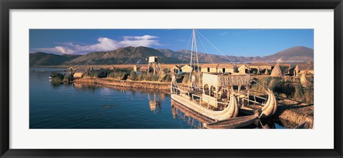 Framed Reed Boats at the lakeside, Lake Titicaca, Floating Island, Peru Print