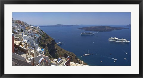 Framed Ships in the sea viewed from a town, Santorini, Cyclades Islands, Greece Print