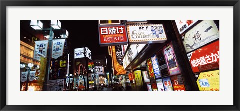 Framed Commercial signboards lit up at night in a market, Shinjuku Ward, Tokyo Prefecture, Kanto Region, Japan Print