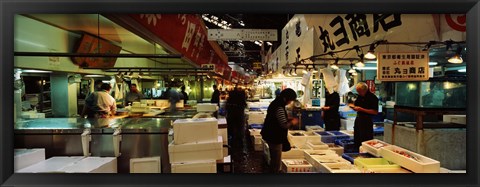 Framed Customers buying fish in a fish market, Tsukiji Fish Market, Tsukiji, Tokyo Prefecture, Kanto Region, Japan Print