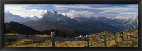 Framed Fence with a mountain range in the background, Mt Rite, Dolomites, Cadore, Province of Belluno, Veneto, Italy Print