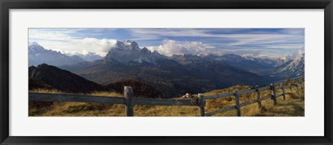 Framed Fence with a mountain range in the background, Mt Rite, Dolomites, Cadore, Province of Belluno, Veneto, Italy Print