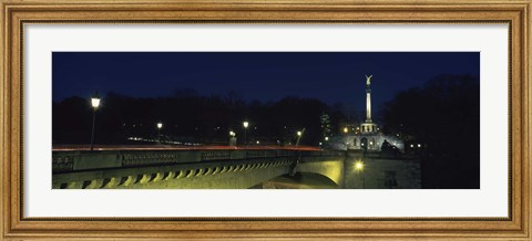 Framed Bridge with a monument lit up at night, Friedensengel, Munich, Bavaria, Germany Print