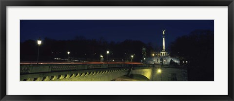 Framed Bridge with a monument lit up at night, Friedensengel, Munich, Bavaria, Germany Print