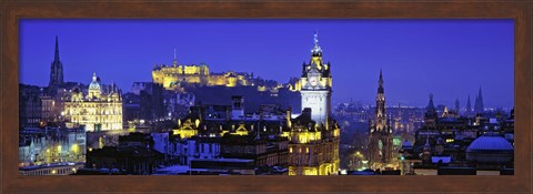 Framed Buildings lit up at night with a castle in the background, Edinburgh Castle, Edinburgh, Scotland Print