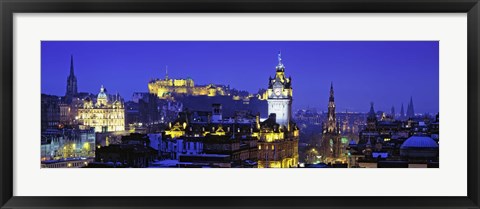 Framed Buildings lit up at night with a castle in the background, Edinburgh Castle, Edinburgh, Scotland Print