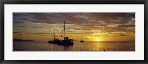 Framed Silhouette of sailboats in the sea at sunset, Tahiti, French Polynesia Print