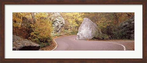 Framed Road curving around a big boulder, Stowe, Lamoille County, Vermont, USA Print