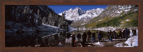 Framed Tourists at the lakeside, Maroon Bells, Aspen, Pitkin County, Colorado, USA Print