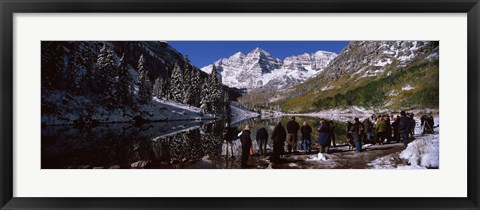 Framed Tourists at the lakeside, Maroon Bells, Aspen, Pitkin County, Colorado, USA Print