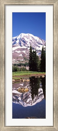 Framed Reflection of a mountain in a lake, Mt Rainier, Pierce County, Washington State, USA Print