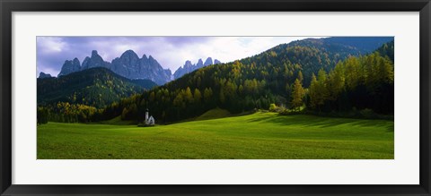 Framed Valley with a church and mountains in the background, Santa Maddalena, Val De Funes, Le Odle, Dolomites, Italy Print