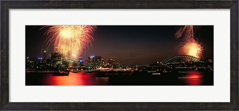 Framed Firework display at New year&#39;s eve in a city, Cremorne Point, Sydney, New South Wales, Australia Print