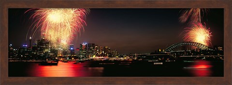 Framed Firework display at New year&#39;s eve in a city, Cremorne Point, Sydney, New South Wales, Australia Print