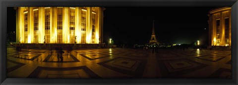 Framed Buildings lit up at night with a tower in the background, Eiffel Tower, Paris, France Print