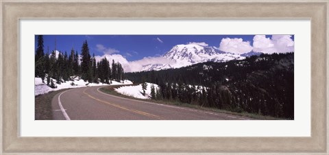 Framed Road with a mountain range in the background, Mt Rainier, Mt Rainier National Park, Pierce County, Washington State, USA Print