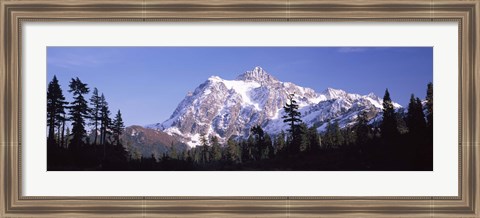 Framed Mountain range covered with snow, Mt Shuksan, Picture Lake, North Cascades National Park, Washington State, USA Print