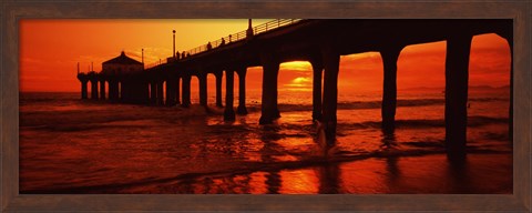 Framed Silhouette of a pier at sunset, Manhattan Beach Pier, Manhattan Beach, Los Angeles County, California, USA Print