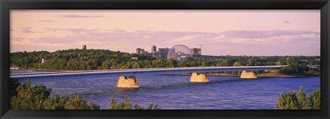 Framed Bridge across a river with Montreal Biosphere in the background, Pont De La Concorde, Montreal, Quebec, Canada Print