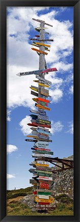 Framed Sign post showing distances to various countries, Stanley, Falkland Islands Print