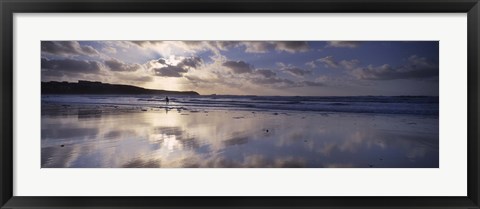 Framed Reflection of clouds on the beach, Fistral Beach, Cornwall, England Print