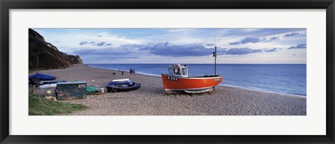 Framed Boats on the beach, Branscombe Beach, Devon, England Print