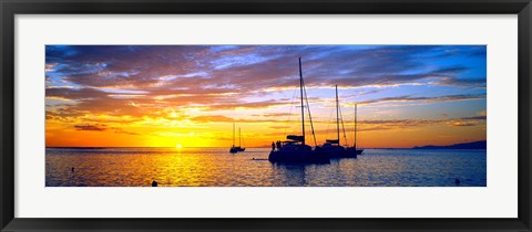 Framed Silhouette of sailboats in the ocean at sunset, Tahiti, Society Islands, French Polynesia Print